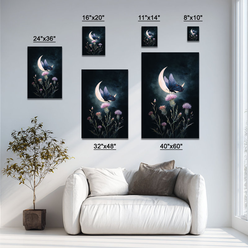 Papillon queue d'aronde foncé sur chardon, croissant de lune - Art mural sur toile tendue - Décoration de salon, de chambre à coucher ou de bureau