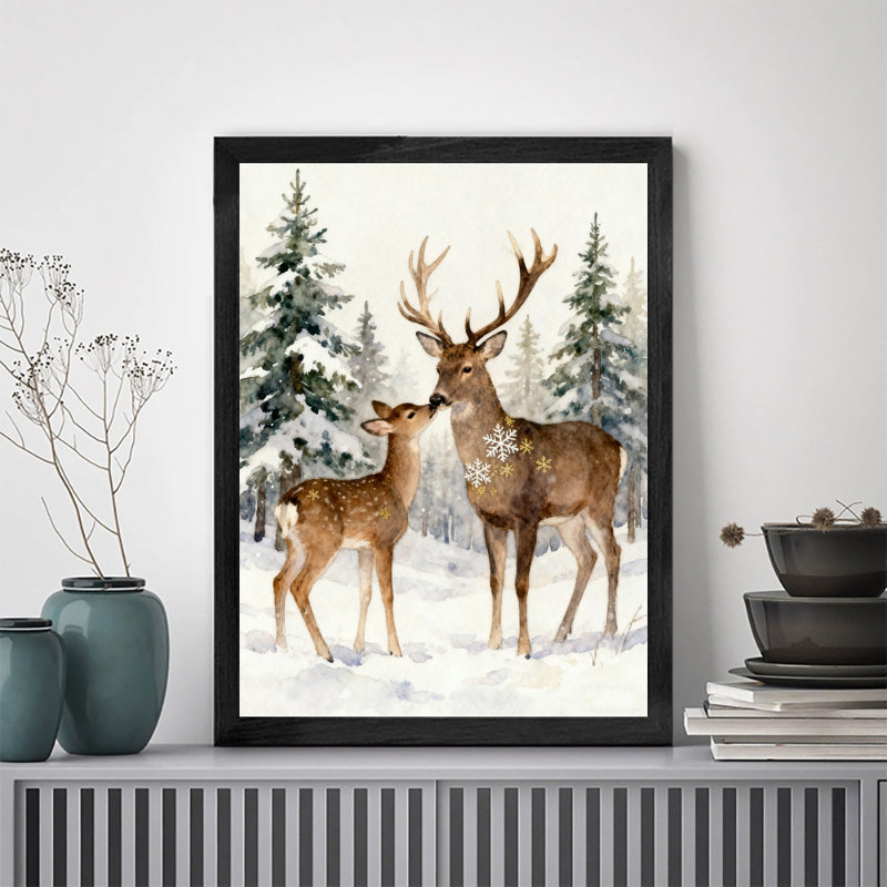 Aquarelle noire encadrée de cerf dans une forêt enneigée, impression sur toile de style rétro, H 37 po x l 25 po
