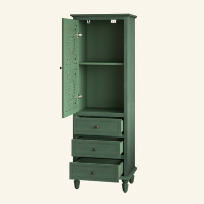 Armoire décorative de style campagnard de 63 po de hauteur avec porte sculptée et 3 tiroirs, armoire latérale autoportante avec rangement intérieur et vitrine rétro