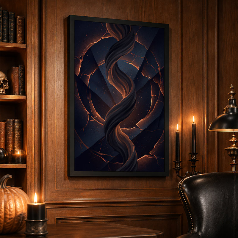 Tableau sur toile d'Halloween représentant un ruban sombre et torsadé aux fissures orange brillantes, 36"H x 24"W