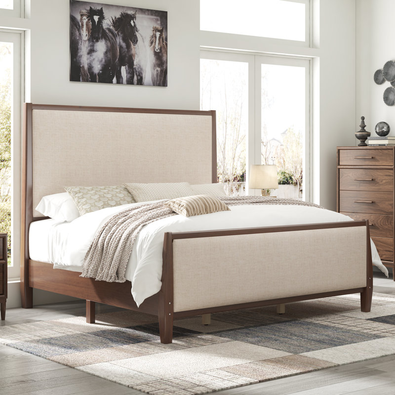 Solid Pine Bed with Upholstered Headboard and Footboard, Walnut Brown, Queen