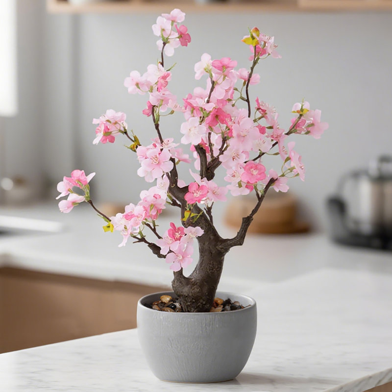 18" Artificial Pink Cherry Blossom Tree With Realistic Flowers, Faux Bonsai Tree In Decorative Pot