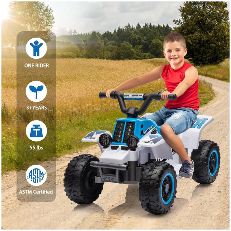 Blue and White 6V Kids Ride-On Electric ATV with LED Headlights