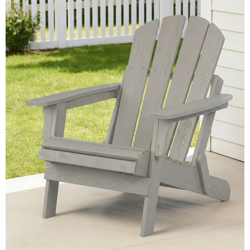29'' Folding Adirondack Chair, Solid Wood All-Weather Fire Pit Chairs with Pre-Assembled Backrest & Seat Board for Deck Backyard Patio Outdoor, Gray