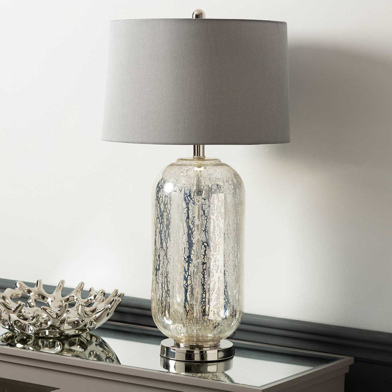 Crosthwait 77.5cm Table Lamp with Glass Base For Bedroom Furniture, Bedside Buffet Lamp with Silk Shade, Silver, Gray, Silver