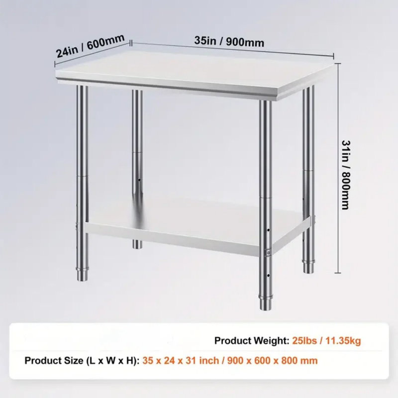 Table de préparation en acier inoxydable robuste, 35 po x 24 po x 31 po, capacité de charge de 700 lb - Poste de travail à hauteur réglable avec 3 tablettes, idéale pour la cuisine, le garage, le restaurant et la cour
