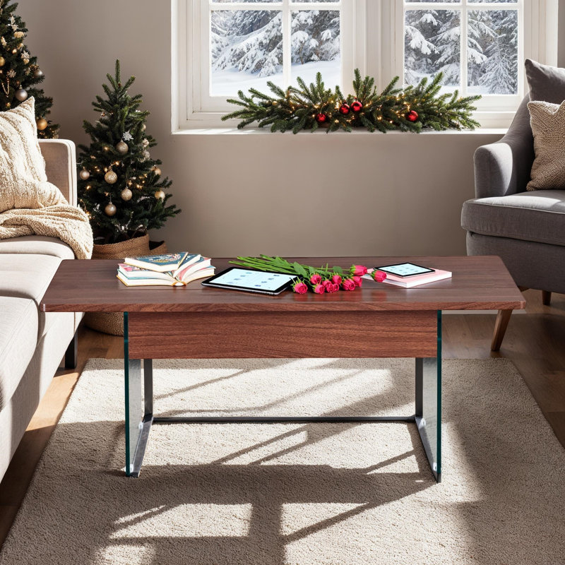 Table basse à plateau relevable avec grain de bois et pieds en verre, Brun