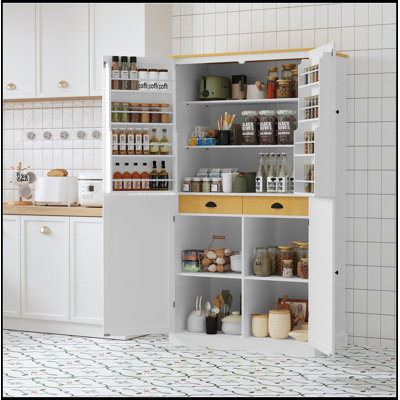 High Freestanding Kitchen Pantry with Large Cupboard, 2 Drawers, 2 Adjustable Shelves, and 8 Door Shelves for Maximum Storage