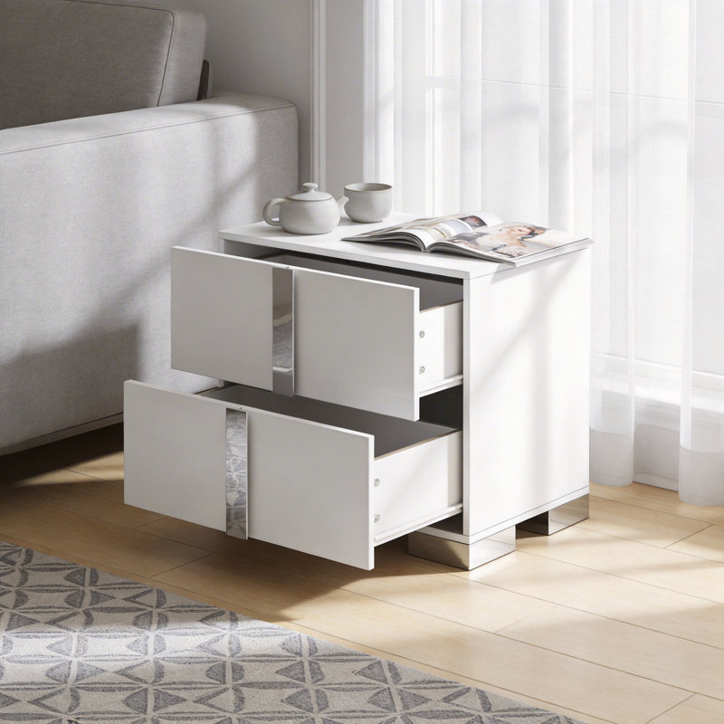 Glam Mirrored Nightstand with 2 Drawers & Elegant Metal Legs, Modern Reflective Bedside Table for Bedroom or Living Room, Space-Enhancing Accent Cabinet, 23.3" White/Silver Finish