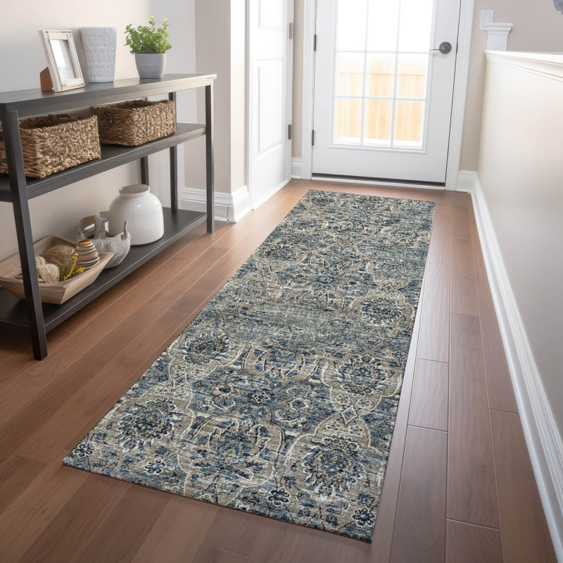 Tapis bleu Premium Alliah AMF95 lavable à la machine, Tapis de couloir 2 pi 3 po x 7 pi 6 po