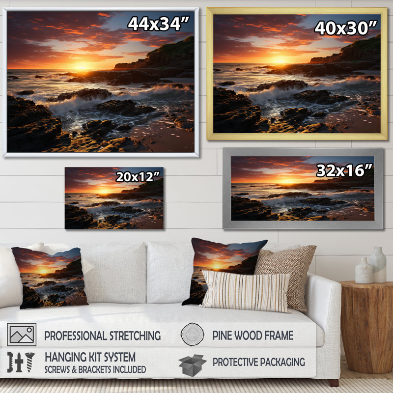 Sunset Radiant Coastal Retreat I, H 12 po x l 20 po x P 1 po, Encadrement doré