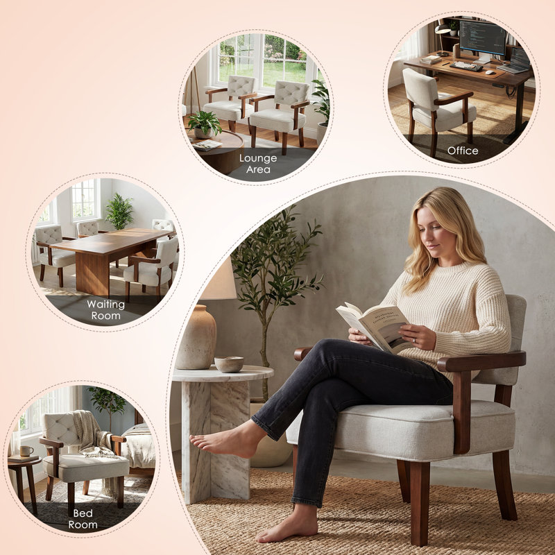 Upholstered Accent Chair with Arms, Mid Century Modern Armchair with Comfortable Tufted Backrest and Wooden Legs for Office, Living Room, Reading, Beige