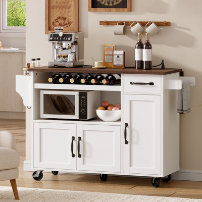 47'' Kitchen Island with Microwave Shelf, Power Outlet and Drop Leaf Rolling Kitchen Cart with Drawer and Wine Rack