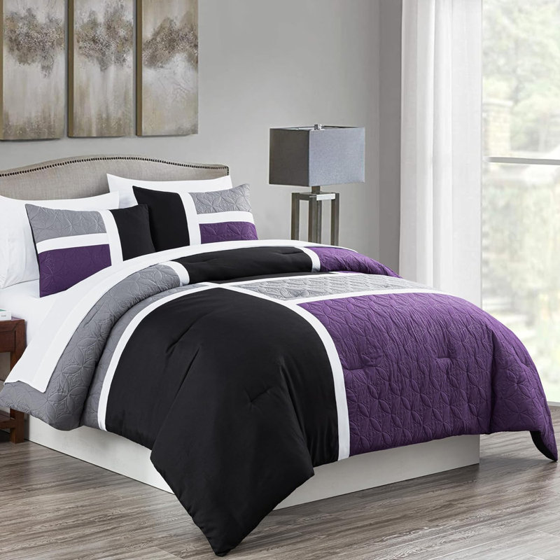 7-Piece Patchwork Bed in a Bag Comforter Set with Sheets, King Comforter + 6 Additional Pieces, Purple/Black/Gray