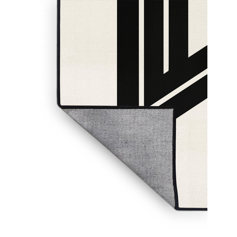 Machine Washable Patrizius Labyrinth Maze Symbol Minimalist Geometric Rug in Beige – Black Binding, 7x10
