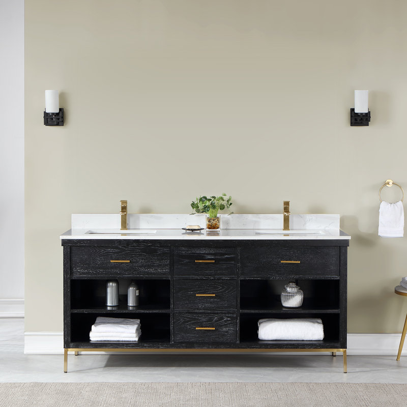 Adaire 72'' Double Bathroom Vanity with Cultured Marble Top, Black, Gold