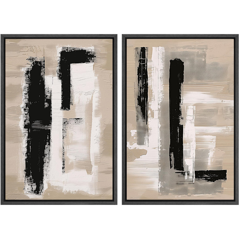 «Monochromatique Textures Contemporary Abstract», 2 pièces sur toile, Cadre noir, H 24 po x l 16 po