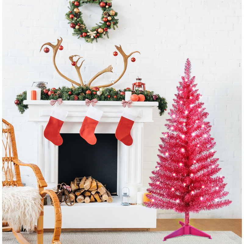 Arbre de Noël doré 4 pi avec 50 lumières UL et 122 pointes en PVC - Arbre de Noël artificiel pré-éclairé pour la décoration intérieure, petit espace, plateau de table, appartement ou bureau, rouge