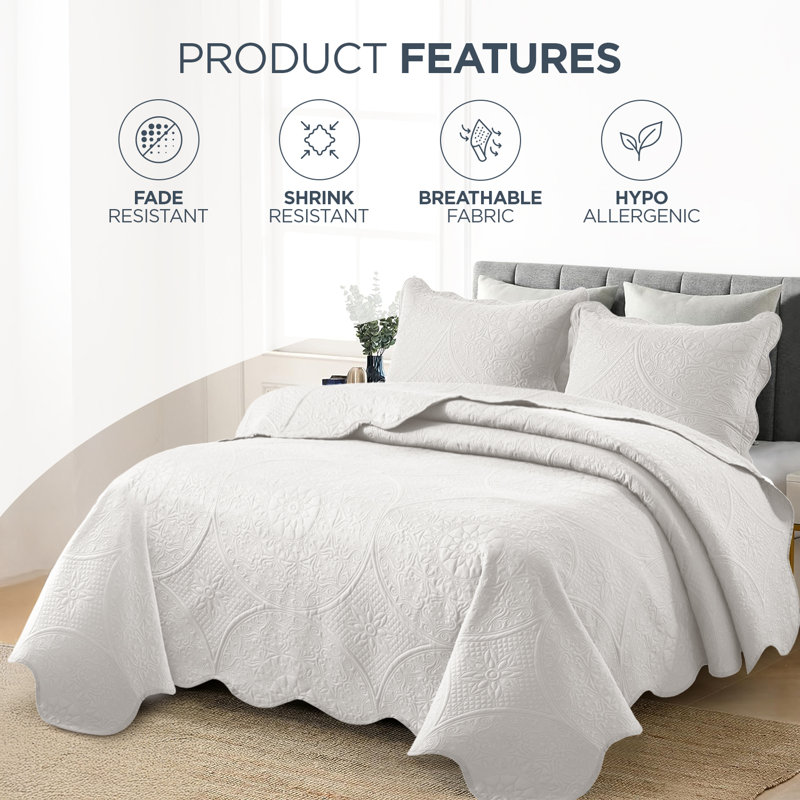 Elegant Floral Embossed Bedspread Set With Pillow Shams – Lightweight Quilted Bedding, Machine Washable, White