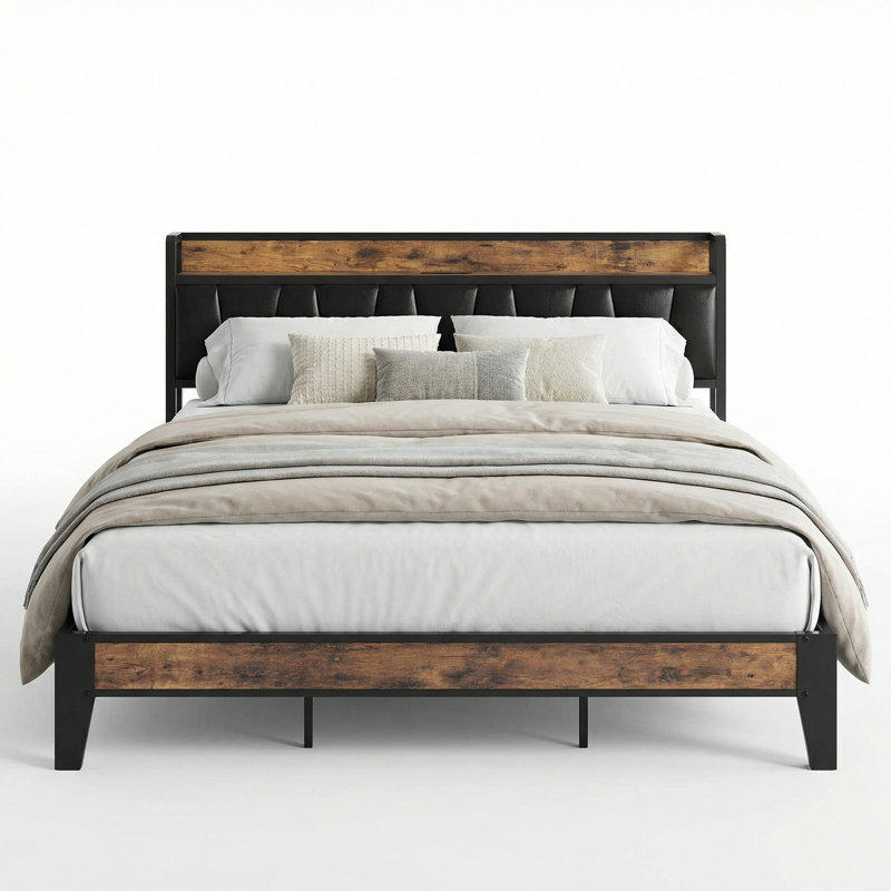 Upholstered Platform Bed with Bookcase Storage Headboard and Charging Station , Black