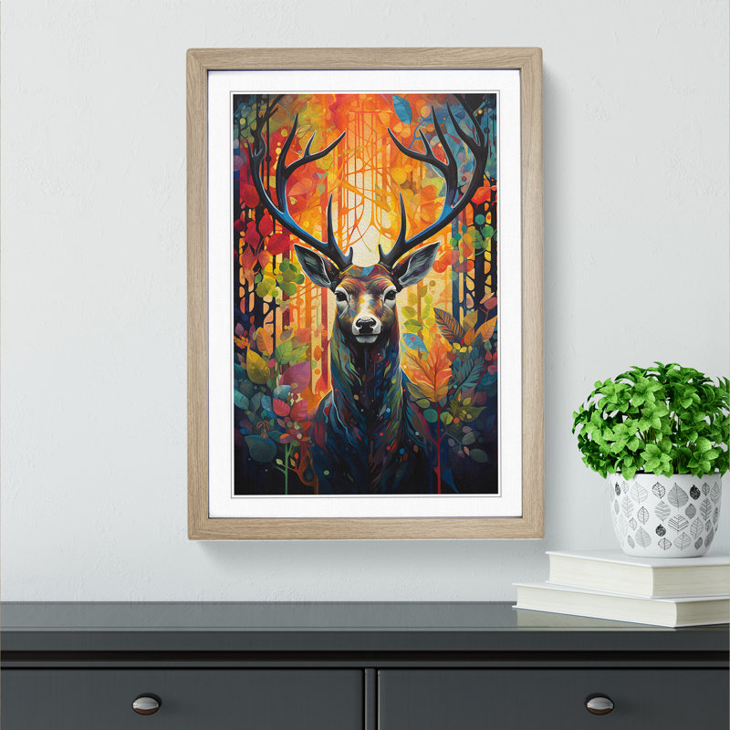 Deer Orphism - Single Picture Frame Print on Wood, 46cm H x 34cm W, Oak Framed
