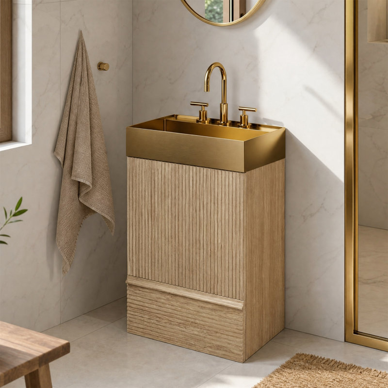 Meuble-lavabo cannelé 20 po avec lavabo en métal doré brossé, fermeture en douceur, Light Oak