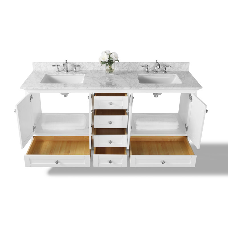Audrey 72'' Double Bathroom Vanity with Carrara Marble Top, White| Brushed Nickel