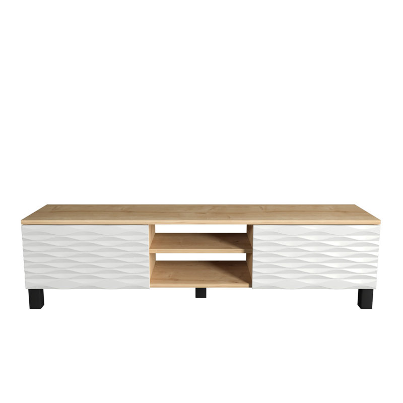 Meuble télé moderne avec motif géométrique, saphir et blanc, 59,1 po x 13,8 po x 15,9 po | 100% panneau de particules enduit de mélamine, épaisseur: 0,7 pouce | Solution de rangement élégante et fonctionnelle pour le salon et les centres de divertissement