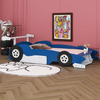 Full Size Race Car Bed For Kids, Wood Car-Shaped Platform Bed With Storage Shelves, Car Bed With Wheels 