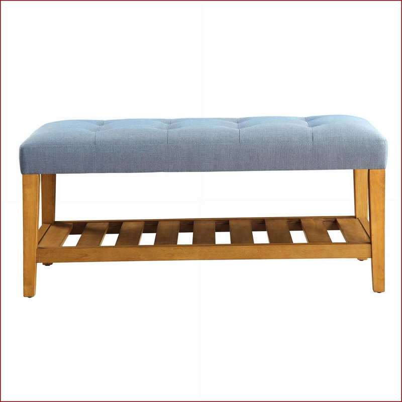 Accent Bench | Contemporary Tufted Light Blue Fabric | Oak Frame | Slatted Storage | Living Room | Light Blue | Fabric