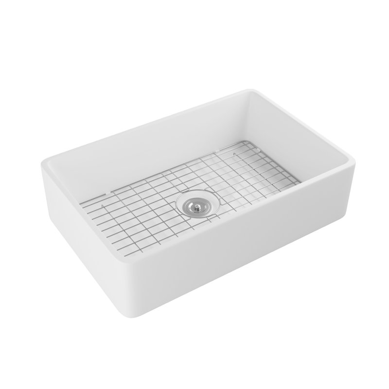 Feast 33" L x 20" W Single Bowl Farmhouse Kitchen Sink with Sink Grid and Basket Strainer, White