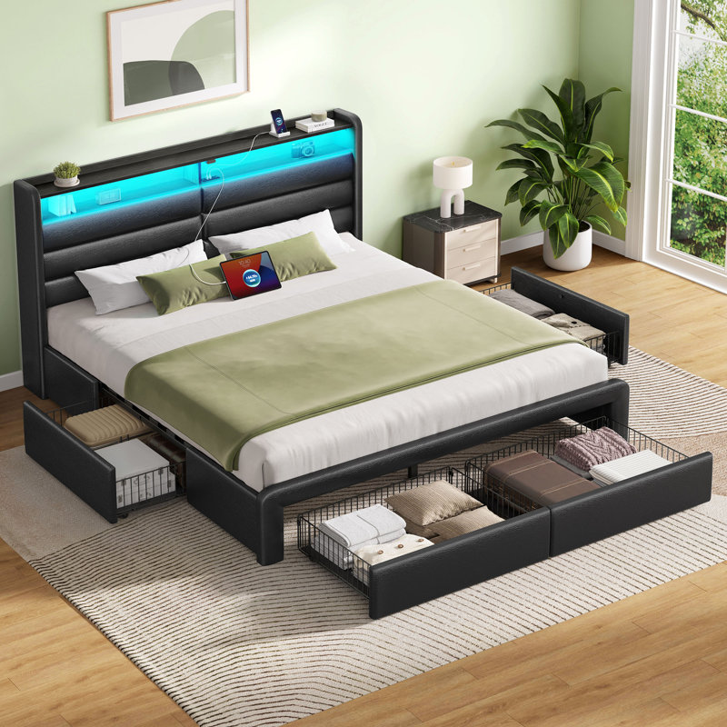 Wenda Bed Frame with 4 Storage Drawers and LED Lights, Upholstered Bed with Headboard and Charging Station, Full/Double