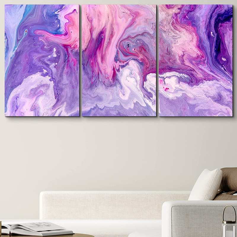 Grunge Abstract Paint Stroke Effect " Abstract Purple Liquid Paint Background Acrylic Texture With Marble Pattern " 3 - Pieces