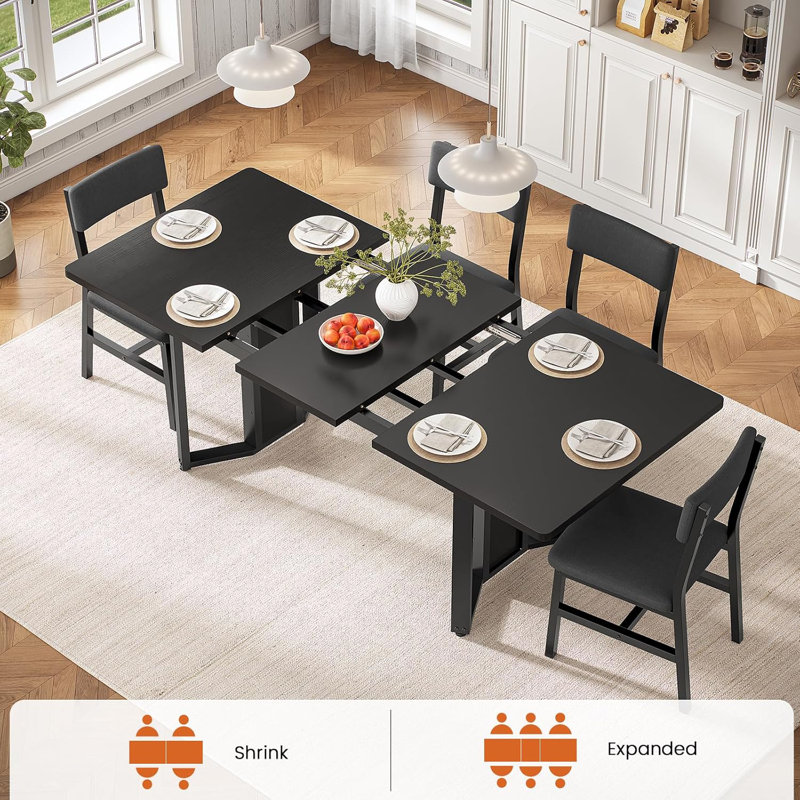 5-Piece Dining Table Set For 4-6 People, 63" Extendable Kitchen Table And 4 Cushion Chairs, Dining Room Table With Mdf Board & Metal Frame 