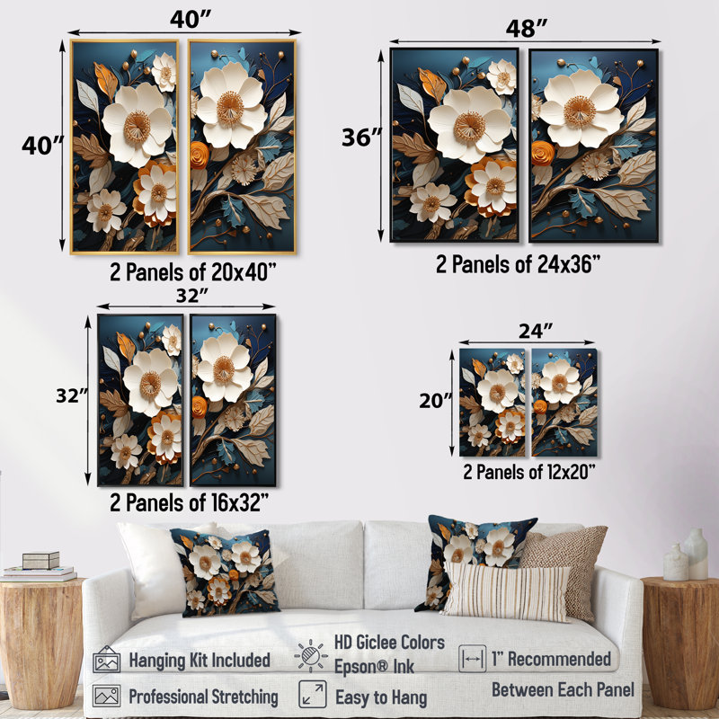 Blanc et or, charmante fleur printanière II, art mural traditionnel sur toile, H 32 po x l 32 po, Noir