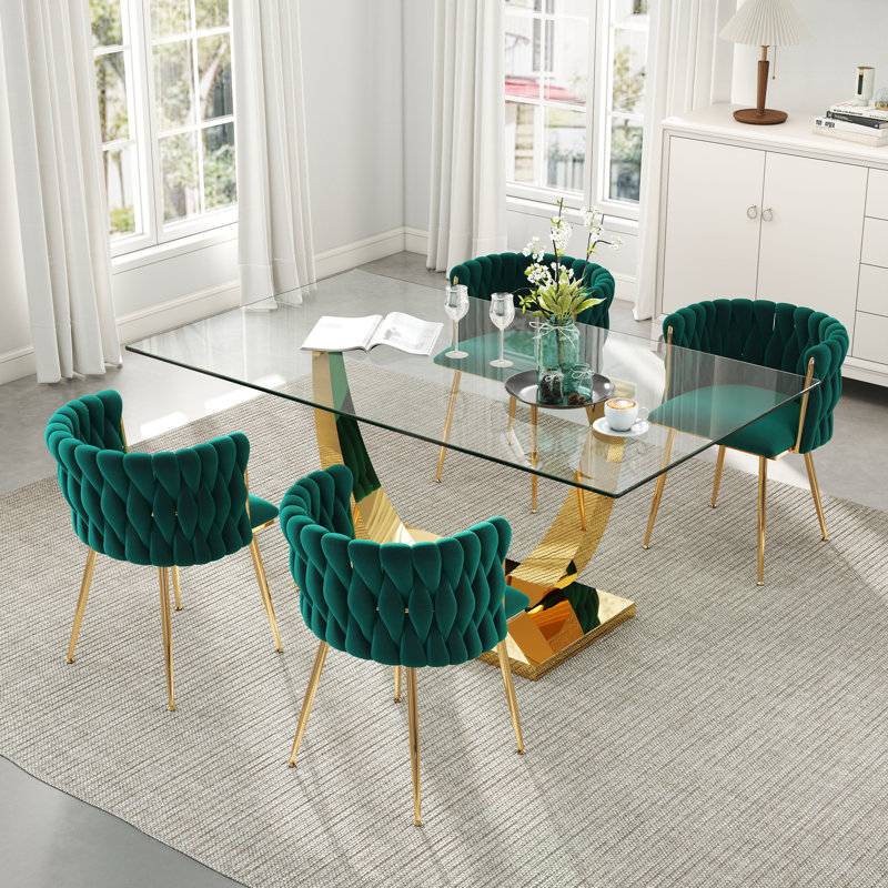 Ensemble de salle à manger rectangulaire à piédestal avec chaise tissée, Vert, Doré