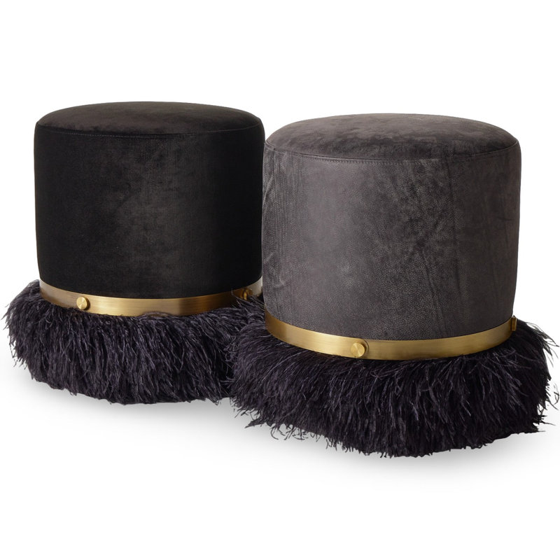 Leather Ostrich Fluff Pouf, Charcoal/Black