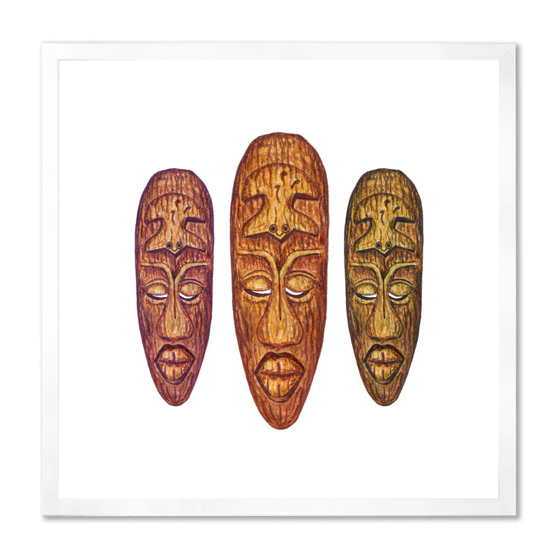 Trois masques tribaux en bois - Impression sur toile, H 36 po x l 36 po, Toile avec cadre blanc