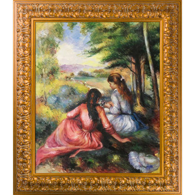 «Deux filles dans la prairie (cueillette de fleurs)» par Pierre-Auguste Renoir - Peinture sur toile encadrée