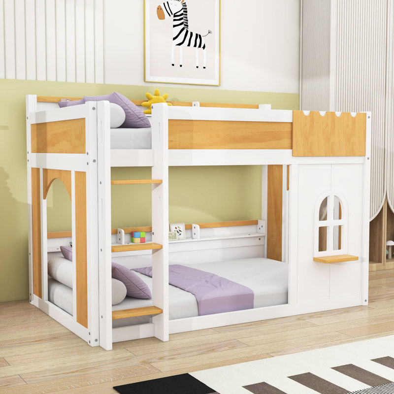 Multifunctional Wooden Bunk Bed with Shelves, Twin Over Twin