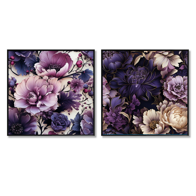 Thame - Ensemble de 2 collages floraux carrés, Cadre flottant noir, H 16 po x l 33 po