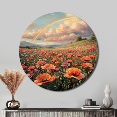 «Rainbow Over The Poppy Fields I», art mural rond en métal arc-en-ciel, impression d'art traditionnel rouge en métal