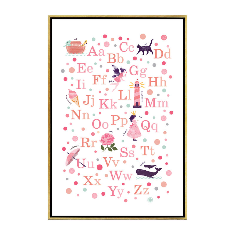 «Pink Girls Alphabet», reproduction d'impression, Toile encadrée d'or, H 60 po x l 40po x P 1,5 po, Pas de tapis