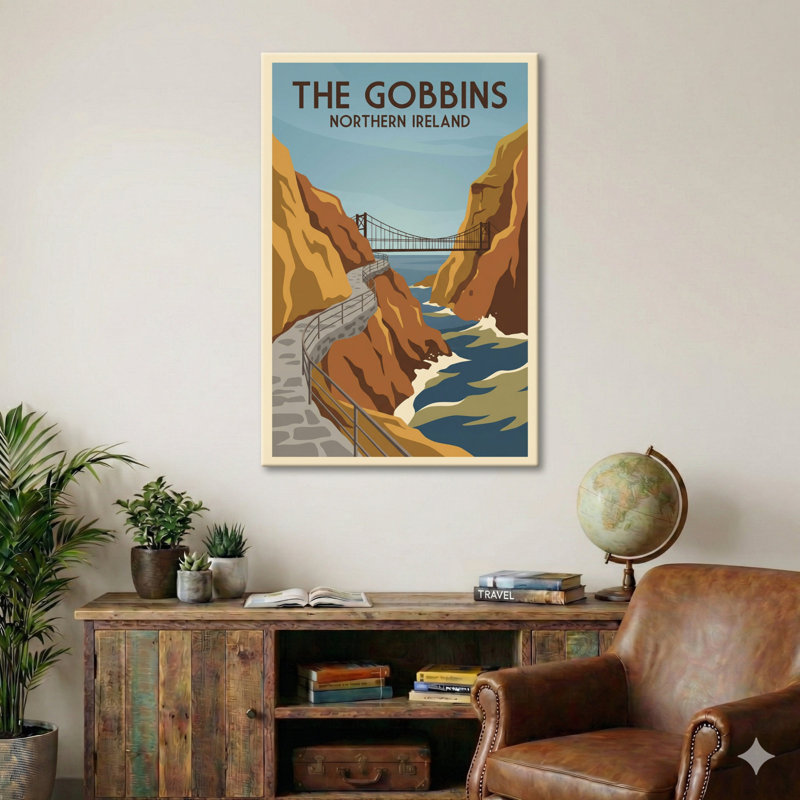 The Gobbins, Northern Ireland - Romantic Coastal Travel Poster of Cliff Path and Sea Bridge. Giclee Print on Wrapped Canvas. Wall Art, Home Decor - Coastal & Maritime, Northern Ireland 1 Piece Wrapped Canvas Wall Art