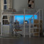 Lit mezzanine double en métal avec bureau, escalier de rangement, petite armoire et lumière DEL-1280431605