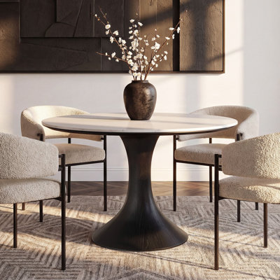  47" Mid-Century Modern Round Dining Table with Stone Tabletop and Resin Pedestal Base