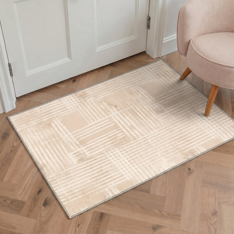 Gridline Geometric Machine Washable Beige Indoor Area Rug with Non-Slip Backing, Round 5'