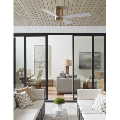 Kwartet 52 inch Indoor/Outdoor Flush Mount Ceiling Fan with LED CCT Select Light Kit and Remote Control - Brushed Satin Brass with Matte White blades