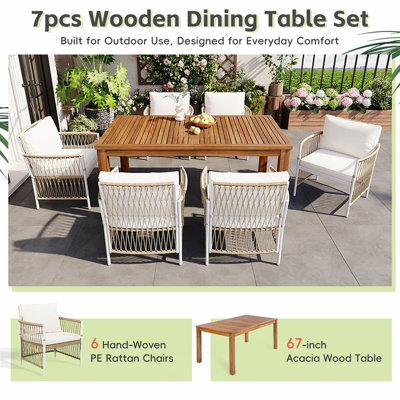 Ensemble de salle à manger d'extérieur 7 pièces en bois, table rectangulaire de 170 cm de long avec 6 chaises en rotin pour piscine, jardin, terrasse, style naturel