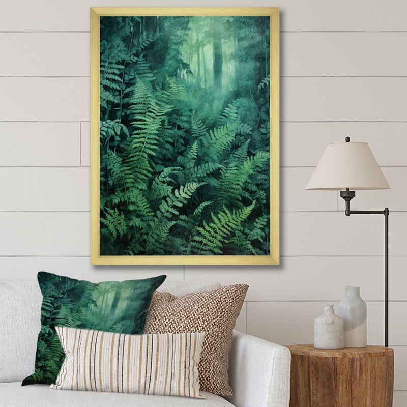 Fougère verte sur toile, Encadrement doré, H 32 po x l 24 po x P 1 po